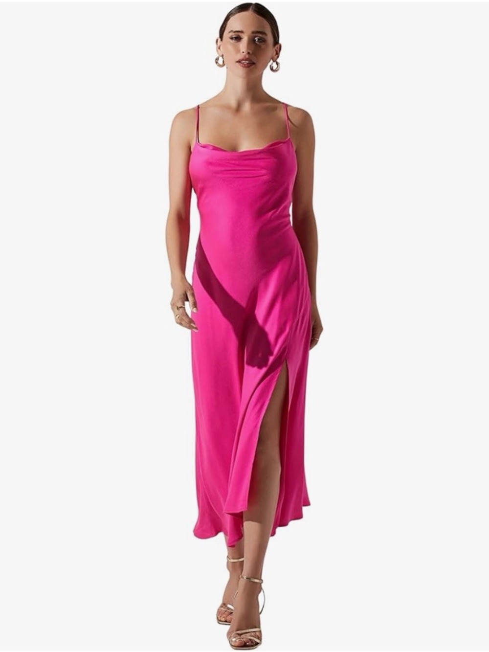 Astr Fuchsia Slip Midi Dress with Cowl Neck